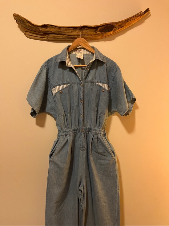 Vintage Pants - Vintage Light Blue Denim Jumpsuit with Striped Pocket Accents